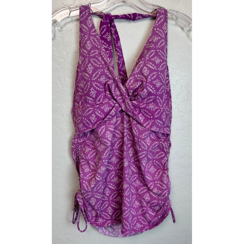 Lands End Purple Geometric Diamond Halter Tankini Top Ruched Side Size 10 2263